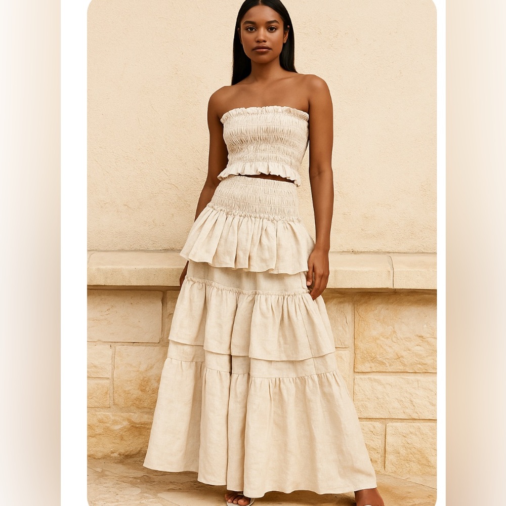 Boutique Kere Beige Strapless Smocked Top and Ruffle Skirt Set